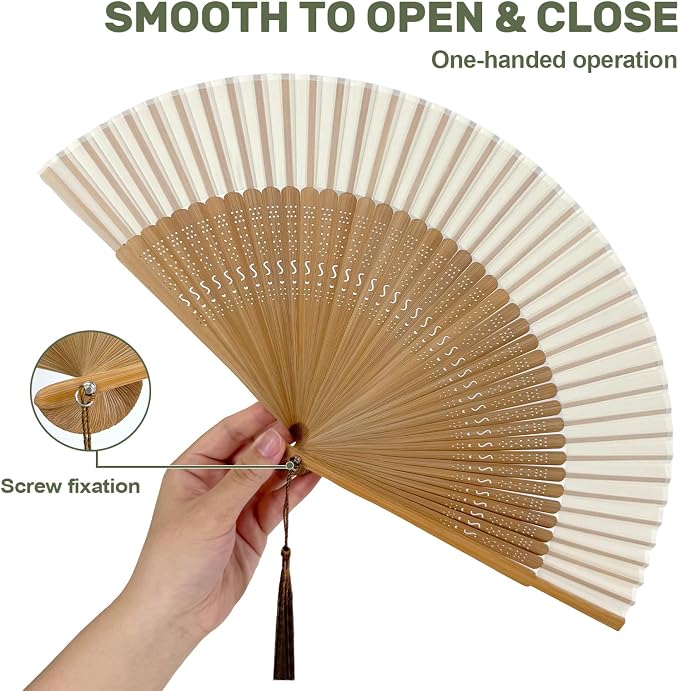 EOSAU Bamboo Hand Fan Foldable 8.3 Inch, Portable Folding Fan with Pouch for Church Wedding Makeup, Small Decorative Cooling Fan for Women (White/Bamboo Frame)