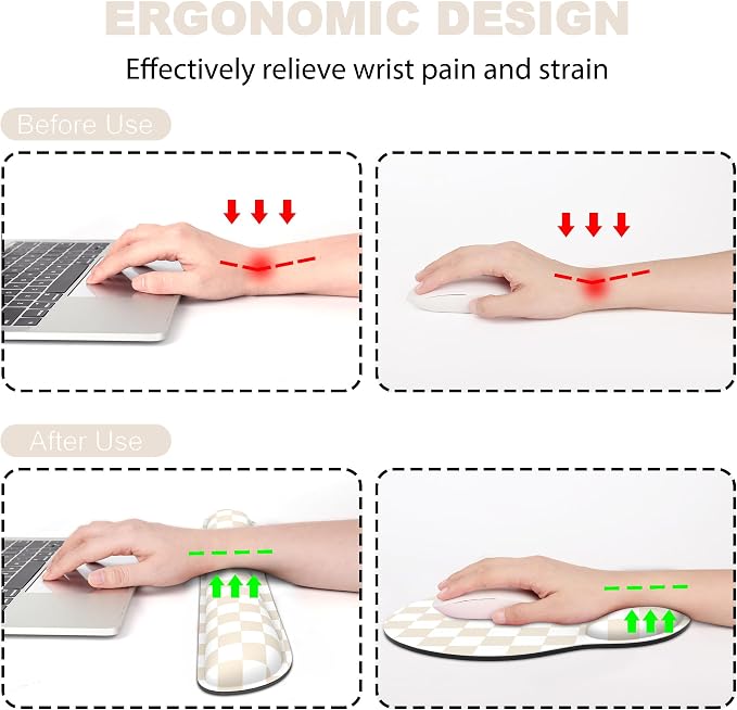 Ergonomic Mouse Pad with Wrist Rest and Keyboard Wrist Rest, Mousepad | Memory Foam Wrist Rest for Computer Keyboard, Pain Relief, Non-Slip Base, Mouse Pad Wrist Support for Gaming, Beige Checkered