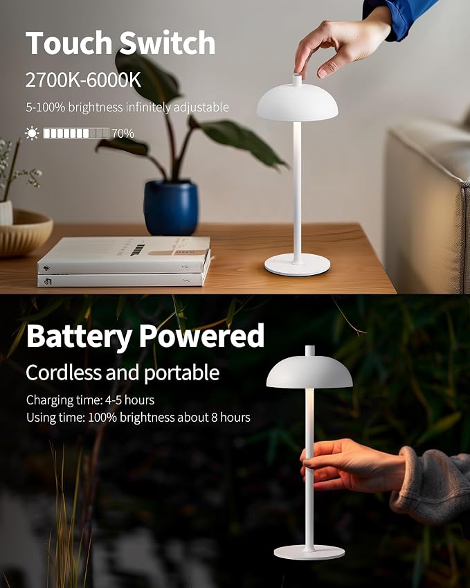 12" Cordless Table Lamps Set of 2, White Modern Portable Desk Lamp | LED, 3 Color Dimming, Rechargeable, Battery Operated Lights for Bedroom, Outdoor, Restaurant, Bedside, Night Light, Gifts