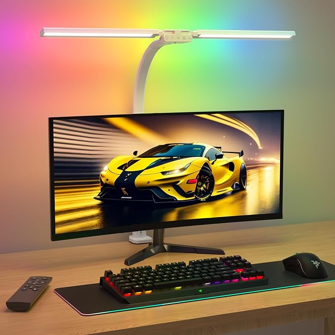 Upgraded LED Desk Lamp for Home Office with RGB, Rotatable Computer Desk Light with Remote, Tall Table Lamp with Clamp for Working, Dimmable Dual Head Task Lighting for Monitor PC, 22W