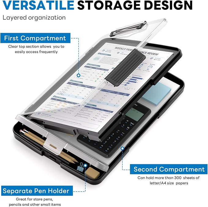 Clipboard with Storage and Pen Holder, Black 8.5 x 11'' Folder Side Open, Heavy Duty with Dual Compartment, Clear Dry Erase for Coach, Size 14.5 x 9.8 x 1.5'', Office & School Supply