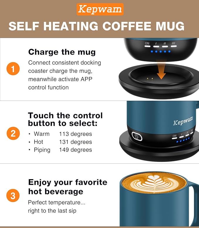 Kepwam Heated Coffee Mug T1-14oz Fast Heating & Longer Battery Life Self Heating Coffee Mug Hot to 149℉ - Touch & App Controlled Mug Coffee and Hot Beverage Warmer, Gifts for Women and Men