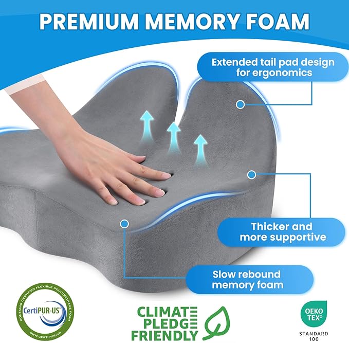 Seat Cushion, Memory Foam Office Chair Seat Cushion for Office Chairs/Car/Long Trip/Desk Chair/Gaming, X-Large Size for Sciatica & Hip & Tailbone Pain Relief, Sciatica Support (Gray)