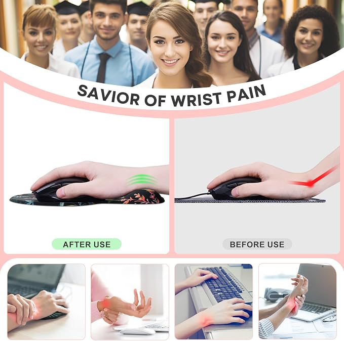 JIKIOU Ergonomic Mouse Pad with Gel Wrist Rest 2Pack, Portable Small Flower | Upgraded-Prevent Gel Leakage, Ergonomic Design for Pain Relief, Cooling Gel filled, Smooth Lycra Surface, Non-Slip PU Base