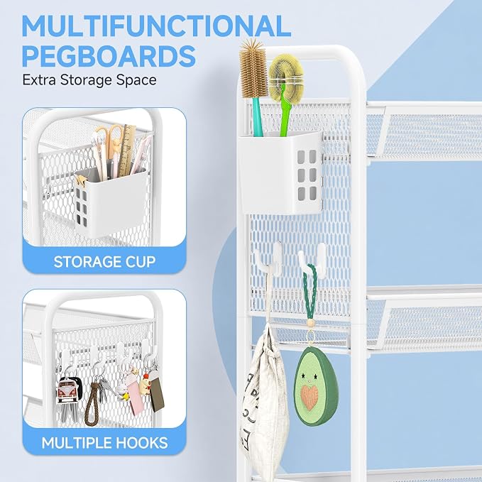 KINGRACK 5 Tier Rolling Cart, Metal Utility Storage Cart with Pegboard | Screwless Assembly, Lockable Wheels, 4 Hooks & 1 Bin, Mobile Organizer for Bathroom Kitchen Office Craft Room Laundry, White