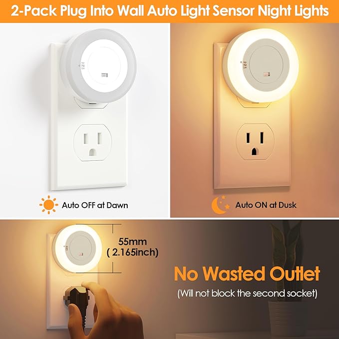 FOLKSMATE LED Night Lights Plug in, Dimmable Nightlight Plug Into Wall with Light Sensor, Soft White Adjustable for Adults, Bedroom, Bathroom, 4-Pack