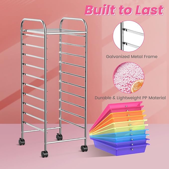 COSTWAY 10-Drawer Rolling Storage Cart, Utility Mobile Trolley | Removable Drawers & Universal Casters & 2 Brakes, Versatile Flexible Drawer Organizer Cart for Home, Office (Rainbow)