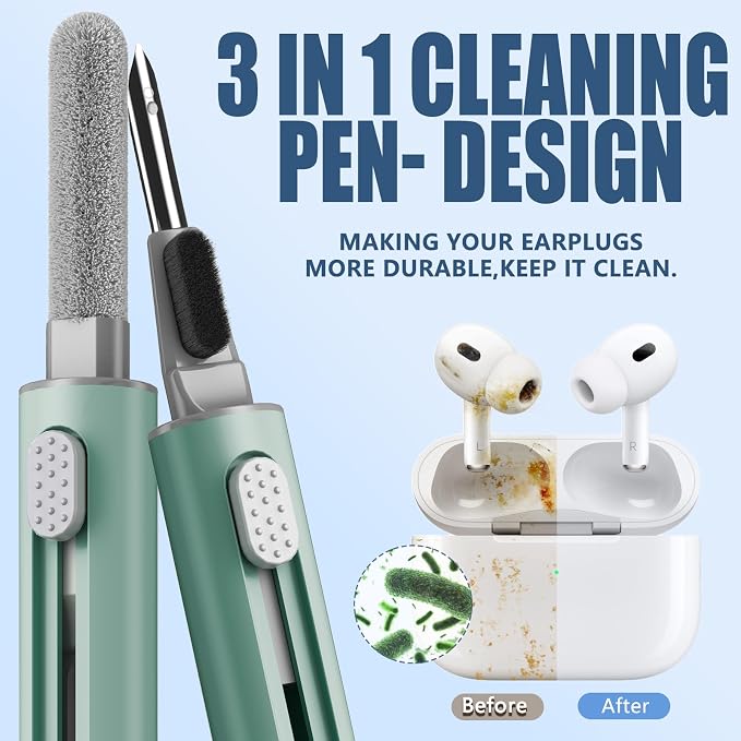 Inesore Multi Cleaning Kit for AirPods & All Bluetooth Earbuds (Green) | 3-in-1 Design with Brush,Sponge & Metal Tip, Airpod Cleaning, Phone Cleaner, Earbud Cleaning, Electronic Device Cleaning Tool