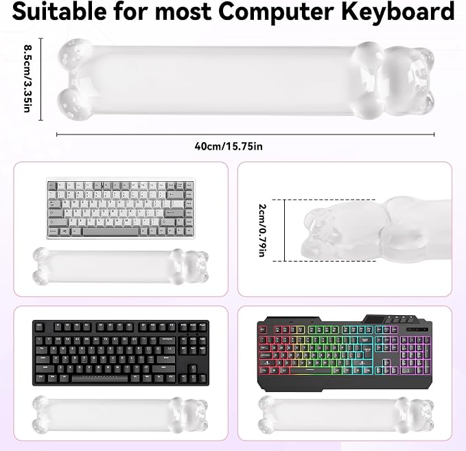Ergonomic Silicone Gel Keyboard Wrist Rest – Clear Wrist Rest for Computer Keyboard 60%/68%/75%, Comfort & Support for Typing and Gaming(Cute White Bear)
