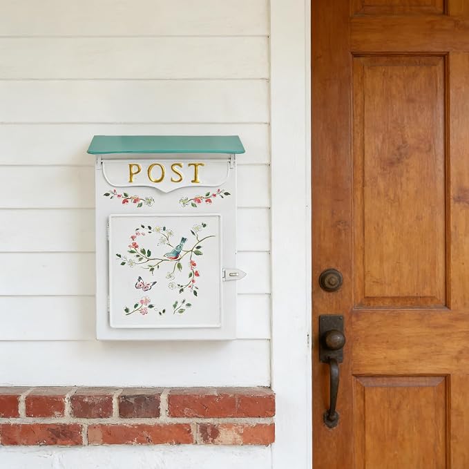 Mailbox Wall Mount Mailboxes for Outside Vintage Mail Boxes for House Outside Metal Drop Box Antique Style Nostalgic Charm Home Decorative, Flower Pattern, White