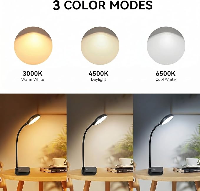 Desk lamps for home office,Black,Battery desk lamp,5W Rechargeable desk lamp,3 Colors,Adjustable brightness,360°Gooseneck Hose,Small rechargeable reading lamp,Eye-friendly and Energy Saving