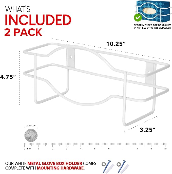 Stock Your Home (White Metal Single Gloves Dispenser (2 Pack) Tissue Box Shelf, Glove Box Holder Wall Mount, For Kitchen, Cleaning Closet, Lab, Exam, Office