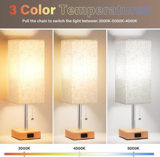 Bedside Lamp for Bedroom Set of 2 - Small Table Lamp for Nightstand | AC Outlet, 3 Color Temperatures, LED Bulb Included, Pull Chain Design, 14" Rectangular Desk Lamp for Dorm/Office, 2-Pack