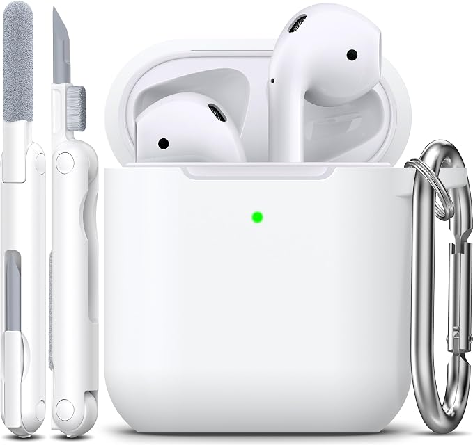 R-fun for AirPods 1/2 Case, Soft Silicone Protective Cover with Keychain and Cleaning Pen, Compatible with AirPods 2nd/1st Generation (2016/2019), Full Drop Protection Cover, White