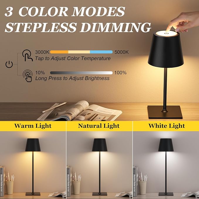 Kakanuo Cordless Rechargeable Table Lamp Black 5000mAh Battery Operated Lamps, 3 Colors Stepless Dimming Touch Lamp for Dining, Living Room, Outdoor Patio, Kitchen Counter, 4 Pack
