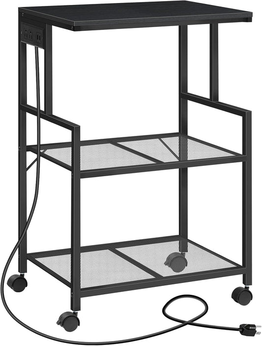 Mobile Printer Stand, 3-Tier Industrial Printer Cart with Power Outlets and 2 USB Ports, Rolling Printer Table on Wheels for Home Offices Kitchen Organization Rack, Black PTHB78E01