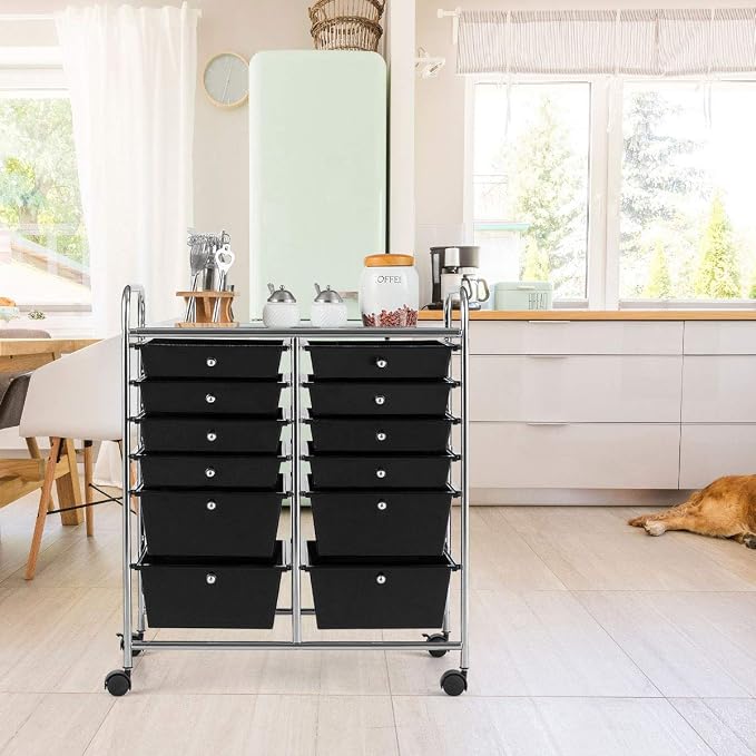 12 Drawer Rolling Storage Cart, Craft Cart Organizer on Wheels w/Metal Frame, Large Capacity & Smooth Drawer, Rolling Cart w/Drawers for Classroom, Office