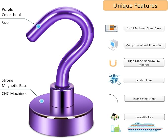 Neosmuk Magnetic Hooks, Heavy Duty 30lb+ Strong Magnet Hook for Cruise Cabins, Cruise Essentials 2026 for Hanging, Metal Wall Refrigerator Hangers (Purple, 12 Pack)