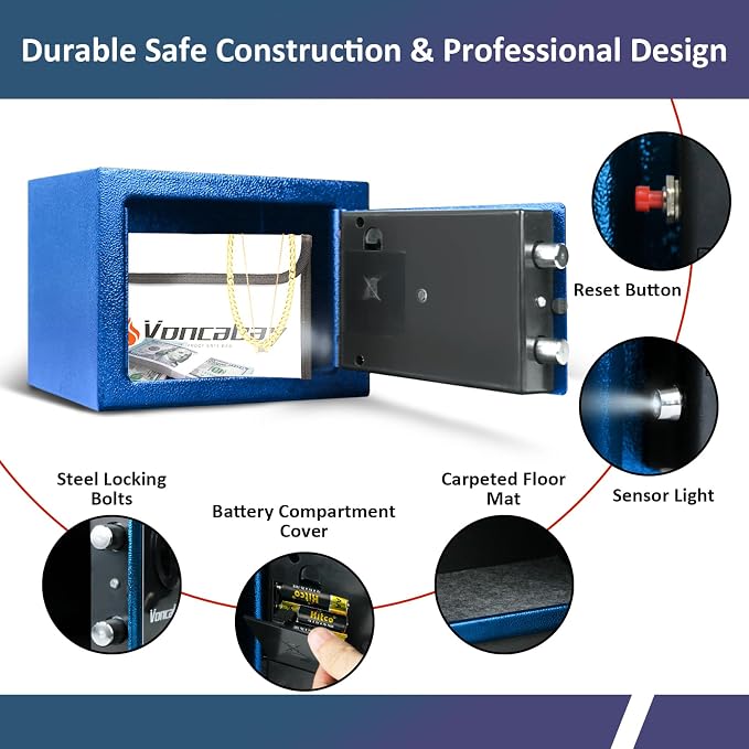 Voncabay Money Safe Box for Home with Sensor Light & Fireproof Security Safe Box for Money Safe with Keys & Pass Code, Lock Box Fireproof Safe with Digital Keypad Blue