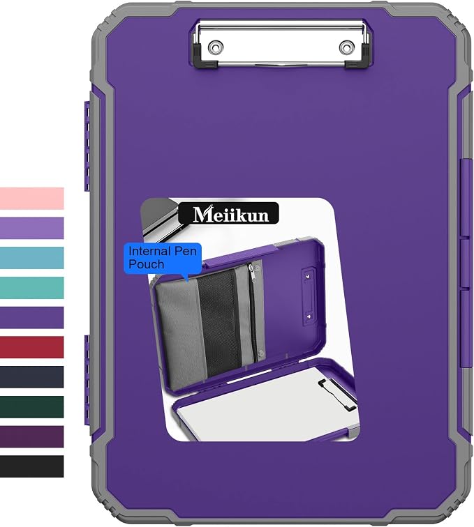 Meiikun Clipboard with Storage, Rugged Shockproof Protective, Internal Pen Pouch & Metal Clip, Heavy Duty Plastic Clip Boards 8.5x11, High Capacity Contractor Folder for School Office (Purple)