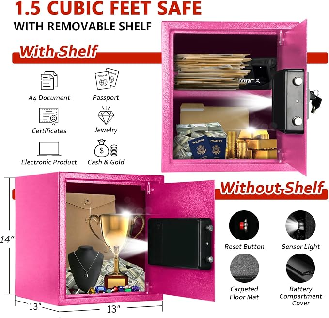 Voncabay Money Safe Box for Home with Digital Keypad, 1.5 Cu. Ft., Pink | Alloy Steel, 2 Fireproof Bags, Digital Keypad with Display, Removable Shelf, Alarm System, 14 x 13 x 13 In.