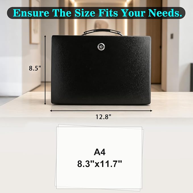 xydled Fireproof Document Box with Key Lock, Fire Safe Box, Black | Fire and water resistant lock box for documents, passports, cash and valuables, keeping secure at home, 12.8 x 8.5 x 4.5 Inch