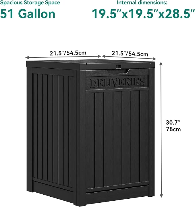 YITAHOME 51 Gallon Resin Package Delivery Box for Outside, Storage Box with Lockable Secure, Resin Deck Box for Porch, Curbside（Black）