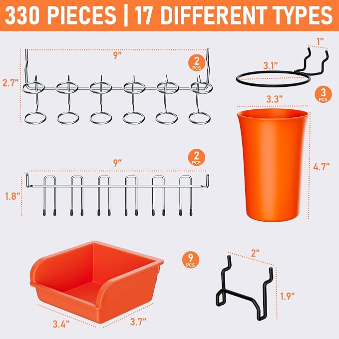 INCLY 330PCS Upgraded Pegboard Accessories Organizer Kit with Bins & Cups | Peg Board Hooks Assortment for Organizing Tools, 1/8 or 1/4 inch Pegboard Hooks, for Garage Warehouse Wall Organization