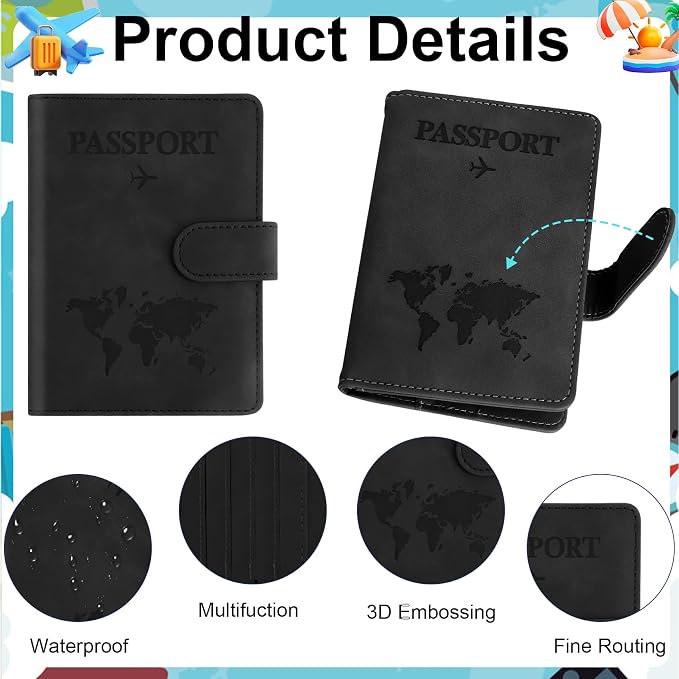 Passport Holder for Travel Essentials, Black Leather Passport Cover, Passport Wallet Holders for Women Men Family Travel Gifts Must Have Accessories, Credit Card Cash Air Ticket Storage Supplies