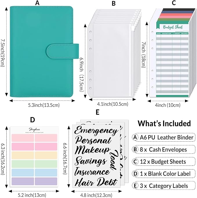 SKYDUE Budget Binder, Money Saving Binder with Zipper Envelopes, Cash Envelopes and Expense Budget Sheets for Budgeting (Turquoise)
