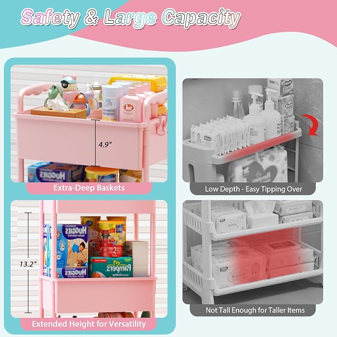 SUNALLY Baby Diaper Caddy Cart, 3 Tier Rolling Diaper Cart for Nursery,Pink | Large Capacity & Easy Assemble Diaper Storage Organizer with Lockable Wheels for Newborn, New Mom, Baby Girl Boy Essentials