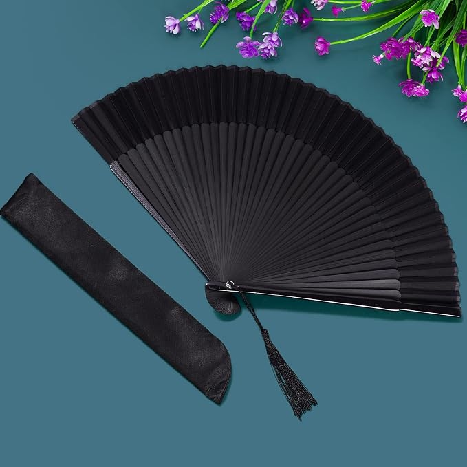 Wobe Hand Held Bamboo Silk Folding Fan, Chinese Japanese Handheld Fan with Tassel Wooden Charming Elegant Vintage Retro Style for Women Ladys Girls Dance Party Home Decorations (Black)