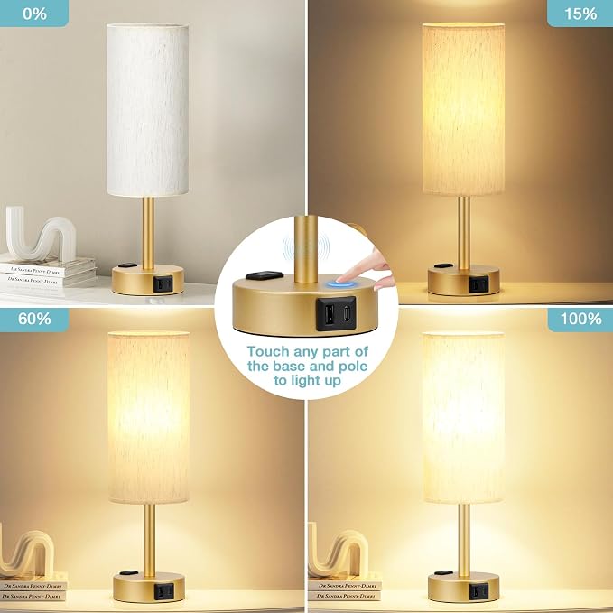 Gold Nightstand Bedroom Lamp - 3 Way Dimmable Bedside Lamp USB C A Charging Ports and AC Outlet, Small Table Lamp Linen Lampshade for Office Desk, LED Bulb Included