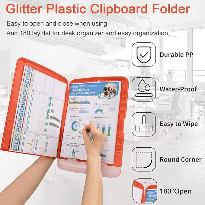 Glitter Clipboard with Storage,Storage Clipboard with Pen Holder,A4 Binder Clip Boards 8.5x11 with Low Profile Clip,Side Opening Sparkle Clipboards, Clipboards Folder for Office Supplies-Orange