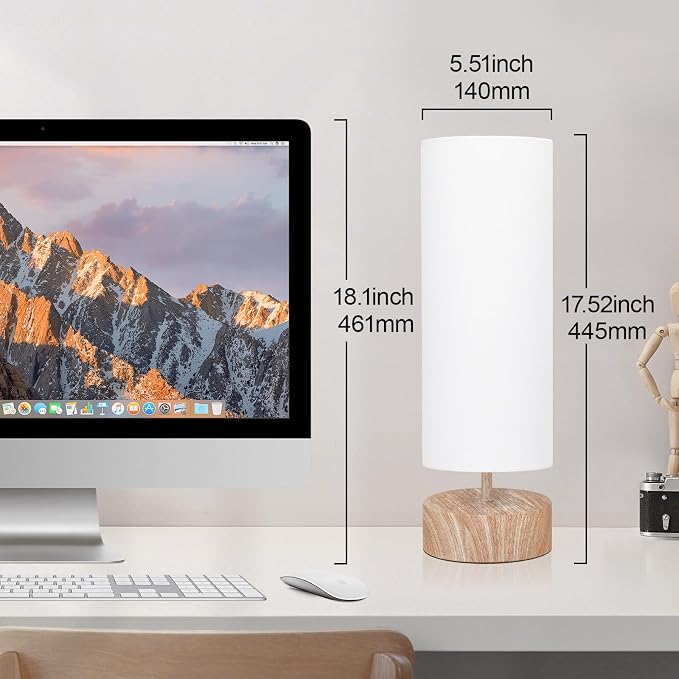 Touch Table Lamp with Wood Grain Metal Base, 3 Way Dimmable Bedside Lamp | Modern Nightstand Desk Lamp with White Shade, Simple Night Light for Bedroom Living Room Home Office, LED Bulb Included