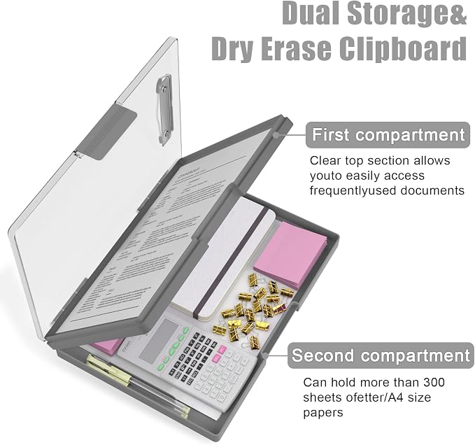 Hongri Clipboard with Storage, Grey 8.5 x 11 Clip Board, Dual Compartmen | Folder Nursing Side Opening, Heavy Duty Organization Box, Smooth Writing for Teachers, Classroom, Size 13.3 x 9.4 x 1.5 in