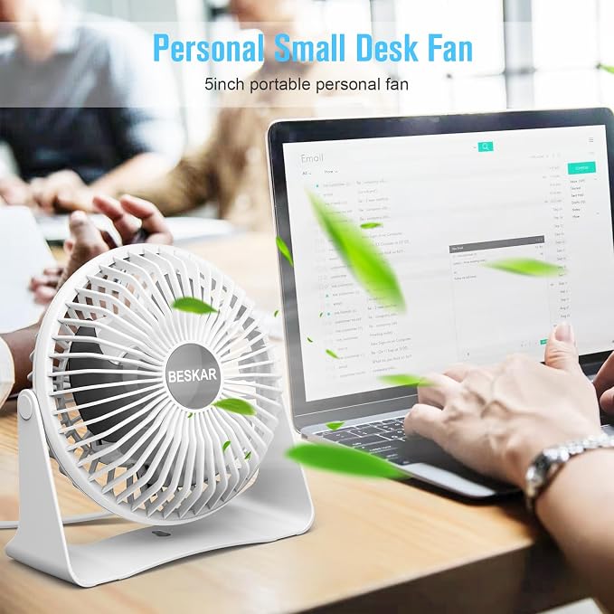 BESKAR USB Small Desk Fan, Portable Table Fans with 3 Speeds Strong Airflow | Quiet Operation and 360°Rotate, Personal Cooling Fan for Home, Office, Bedroom, 3.9 ft Cord