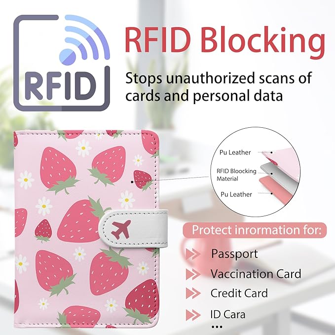 Passport Holder, Cute Travel Wallet Cover with RFID Blocking,Strawberry | PU leather travel wallet with magnetic closure, card slots, pen loop, and easy access for passports and essentials.