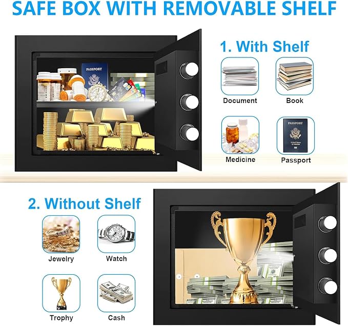 1.2 Cubic Feet Small Fire Safe Box for Home, Fireproof Lock Box, Security Money Safe with Digital Keypad, Spare Keys and Removable Shelf, Personal Home Safes for Money, Jewelry, ID Documents