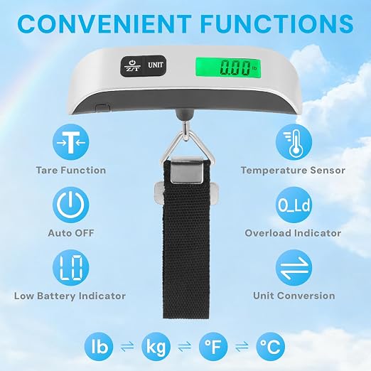 Digital Luggage Scale, Backlit LCD, 110 Pounds | digital sensor scale with 4-unit switching for accurate weighing of luggage, backpacks, and packages while traveling
