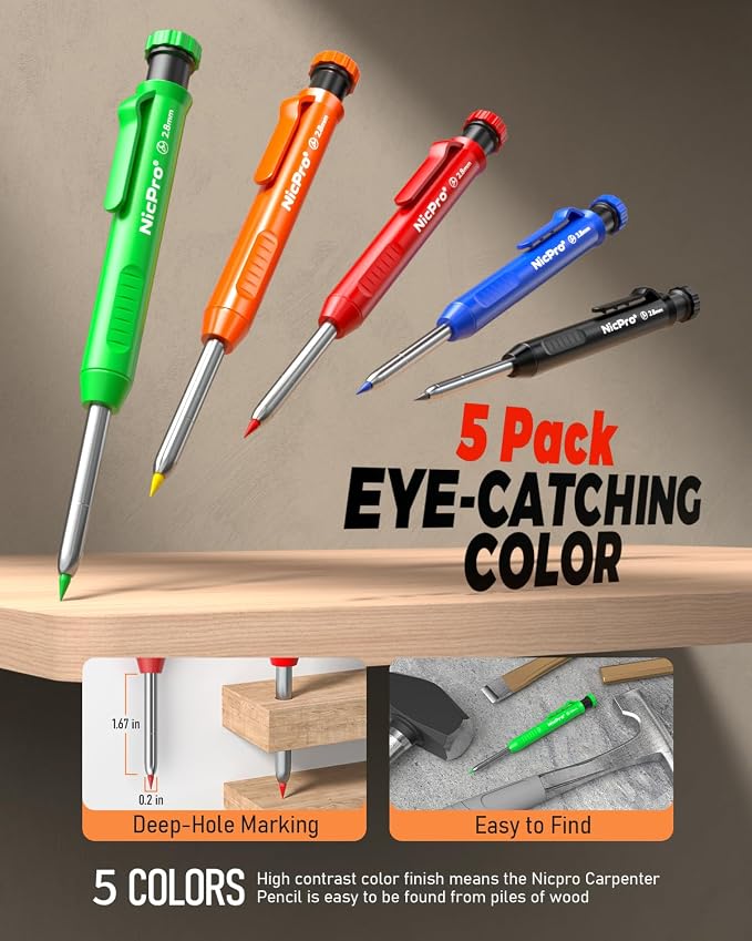 Nicpro 31 Pack Carpenter Pencil Set with Sharpener, Canvas Case | Mechanical Carpenter Pencils + 128PCS Refill, Carbide Scribe Tool, Heavy Duty Construction Pencils for Architect Woodworking