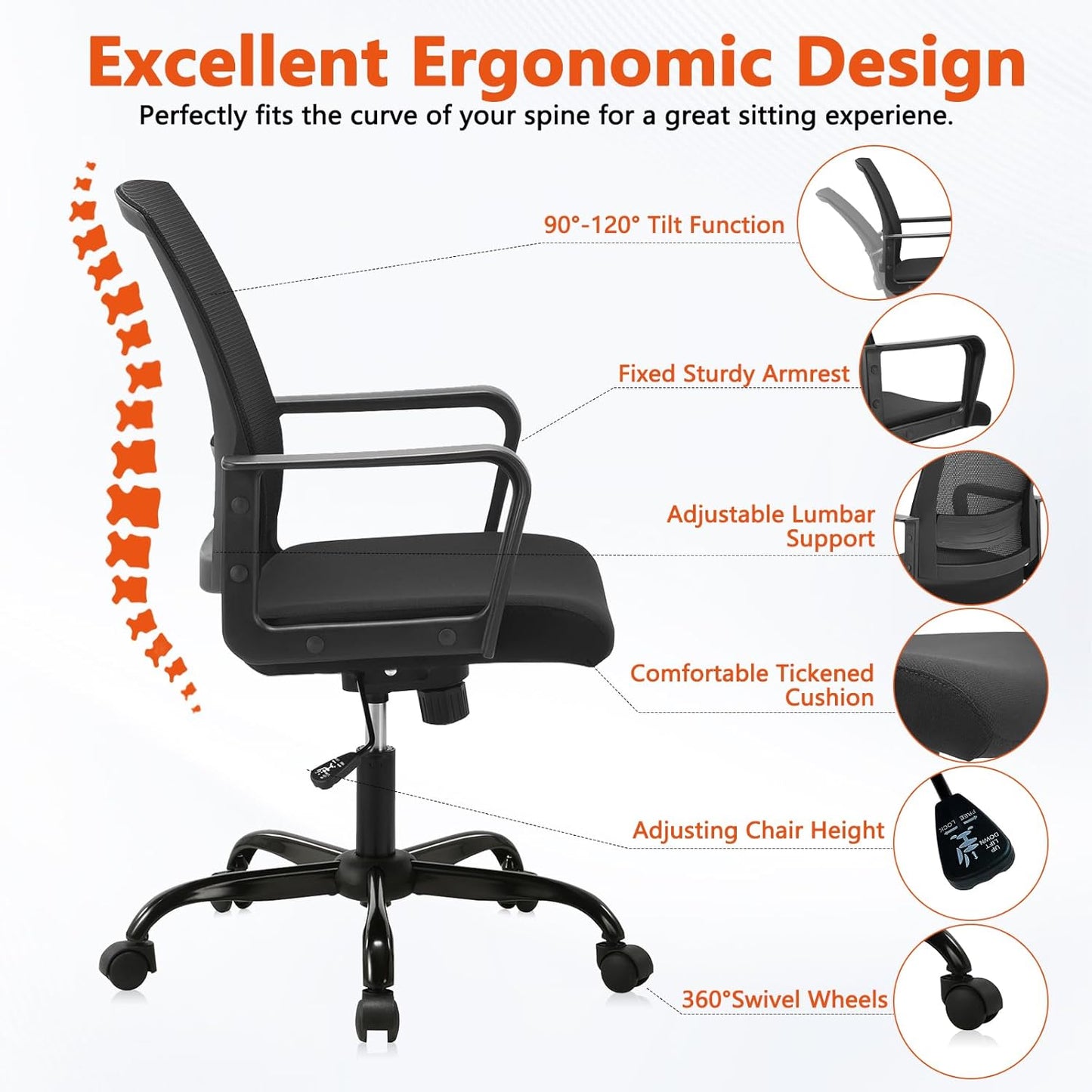 CLATINA Ergonomic Rolling Mesh Desk Chair with Executive Lumbar Support and Adjustable Swivel Design for Home Office Computer Black 2 Pack