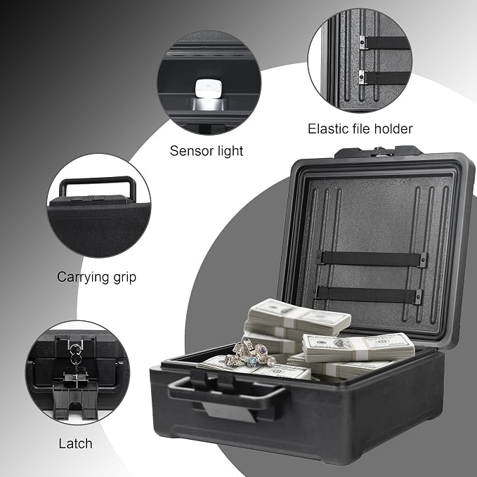 Fireproof Document Box with Key Lock – Large Portable Fire Safe for Home Documents – Waterproof & Fire Resistant Lock Box with Ergonomic Handle, 1 Hour at 1700°F, 72 Hours Waterproof