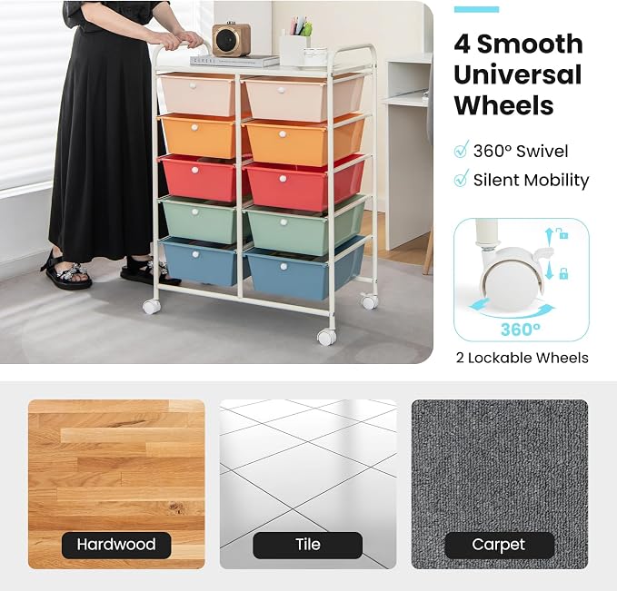 BECOMFORT 10-Drawer Rolling Cart with Drawers, Storage Cart on Wheels, Teacher Classroom Organizers with Metal Frame, Mobile Craft Cart, Trolley Utility Cart for School Office Play Room