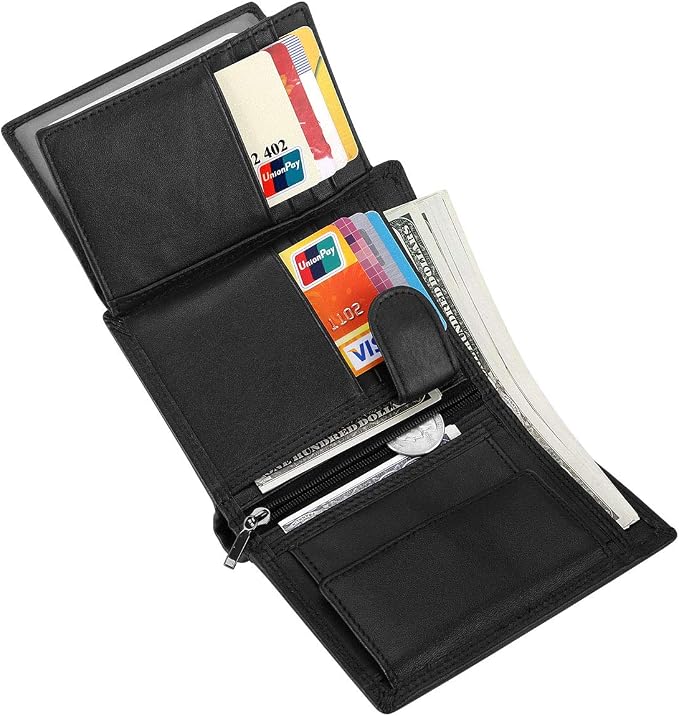 Trifold Billfold RFID Blocking Cowhide Leather Wallet for Men 10 Card Slots 2 ID Windows with Coin Pocket