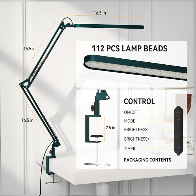 Desk Lamp - LED Desk Light - 5 Color Modes X 11 Brightness Levels - Adjustable Swing Arm - Timmer & Memory Function - 12W Lamp for Desk - Green
