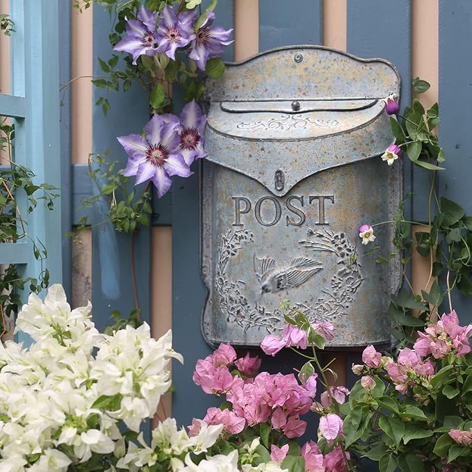 Wall Mount Mailbox for Outside Vintage Mail Boxes for House Outside Metal Door Mailbox Drop Box Antique Style Nostalgic Charm Home Decorative, Bird Pattern, Gray