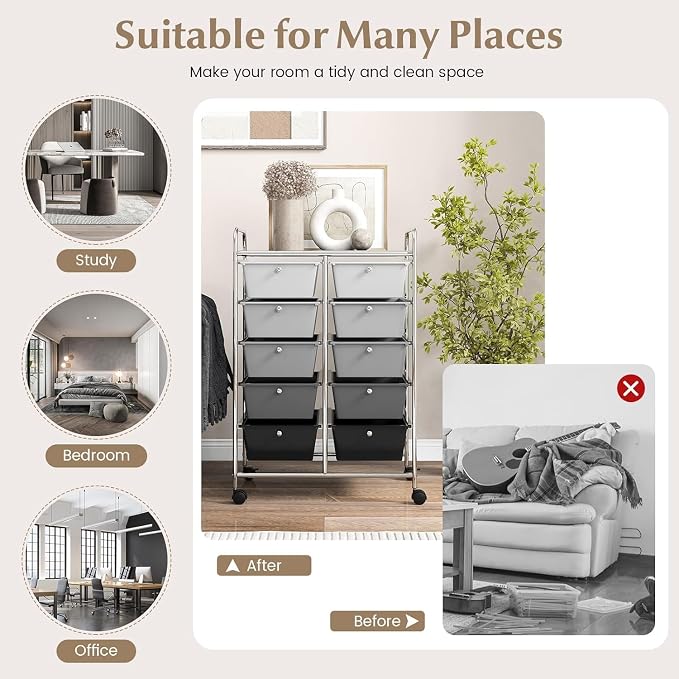 10 Drawer Rolling Cart, Storage Cart Organizer on Wheels, Drawer Cart with Metal Frame & Large Storage Capacity, Rolling Cart with Drawers for Living Room Classroom, Office