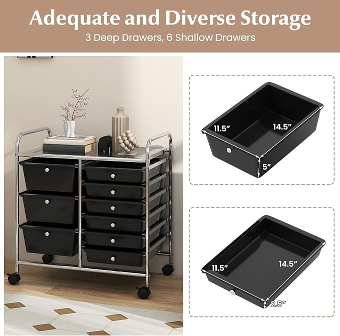 RELAX4LIFE 9 Drawer Rolling Storage Cart - Mobile Drawer Carts for Craft Art Supply Paper Salon, Utility Cart on Wheels for Classroom Teacher School Office, Rolling Cart with Drawers (Black)