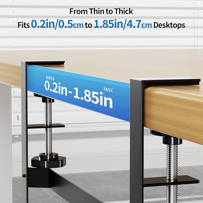 Yecaye Metal Under Desk Cable Management Tray, Clamp-On Desk Shelf | No Drill Mount; Anti-scratch Padded Clamps; Dual Wrap Bars; Fits Standing Desks; Metal Structure for Office Cable Storage;